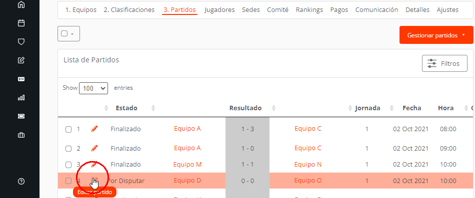 Editar detalles de partidos de torneos, ligas y campeonatos