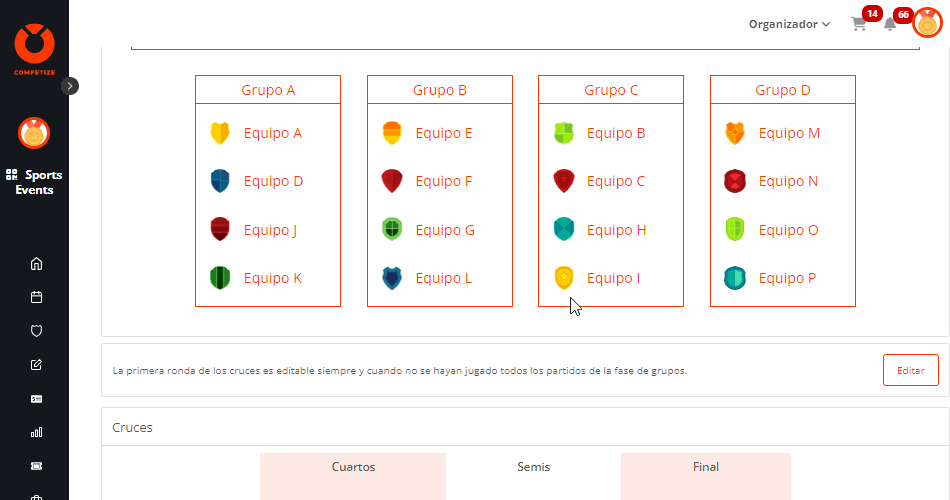 Editar eliminatorias y personalizar fixtures en los brackets del torneo