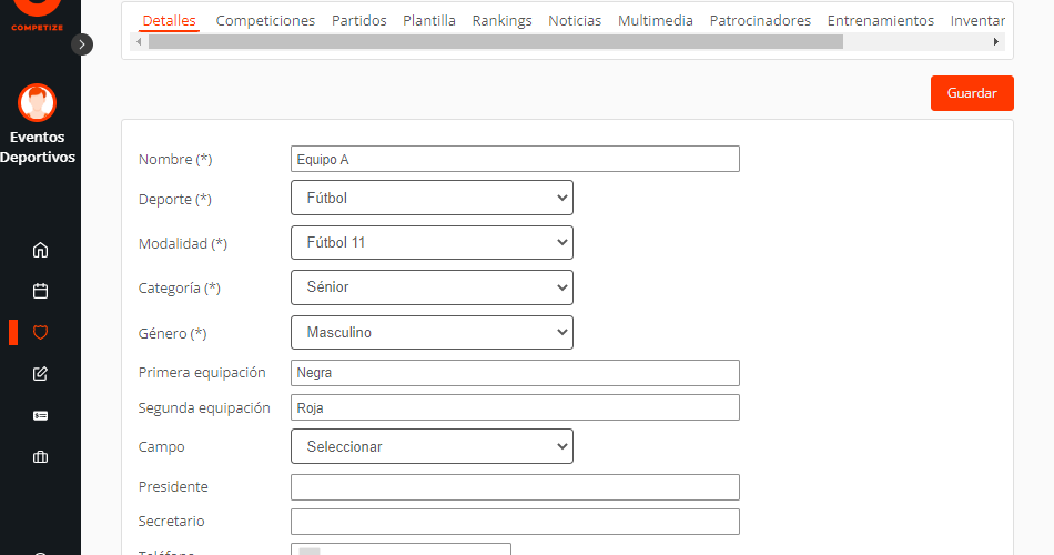Detalles del equipo con su categoría, género, equipación, campo