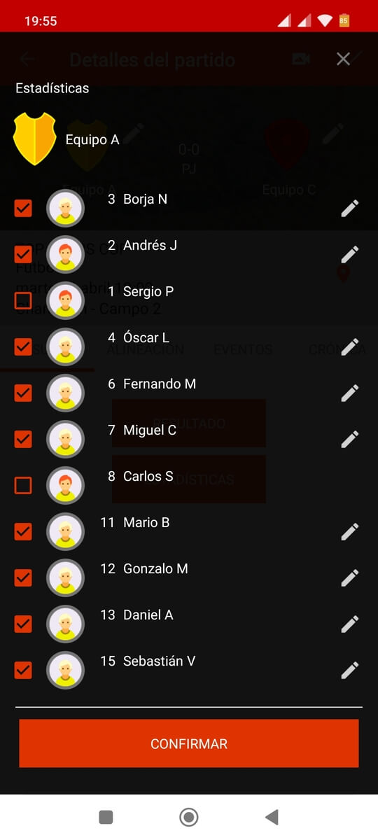 Editar estadísticas de jugadores en partidos de la liga con una app