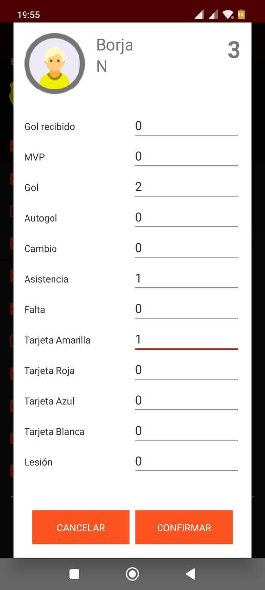 Editar estadísticas de jugadores en partidos del torneo con una app