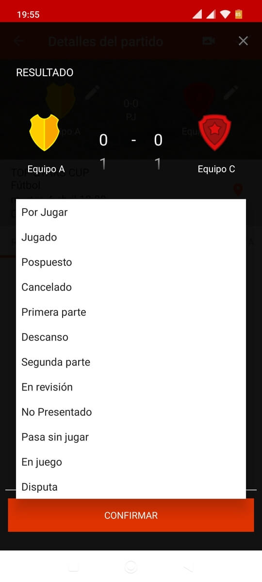 Editar estados de partidos del torneo o liga con una app