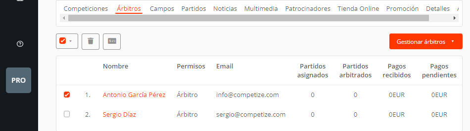 Editar eventos y añadir árbitros del torneo o liga