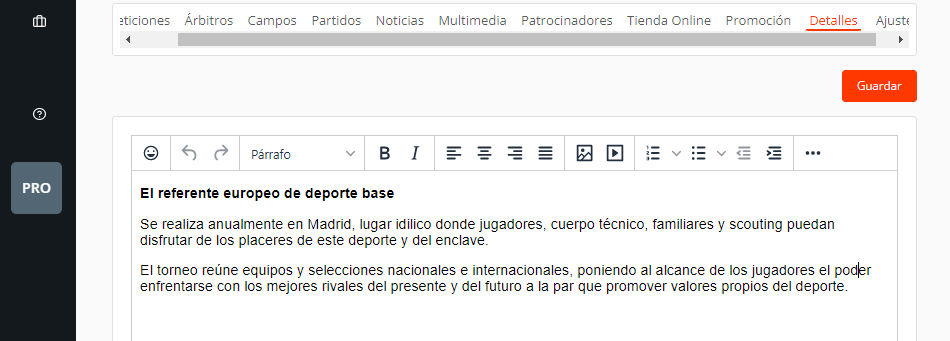 Editar eventos y añadir descripción del torneo o liga