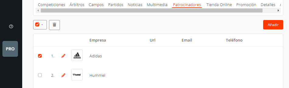 Editar eventos y añadir patrocinadores del torneo o liga