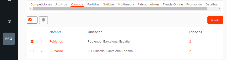 Editar eventos y añadir sedes del torneo o liga