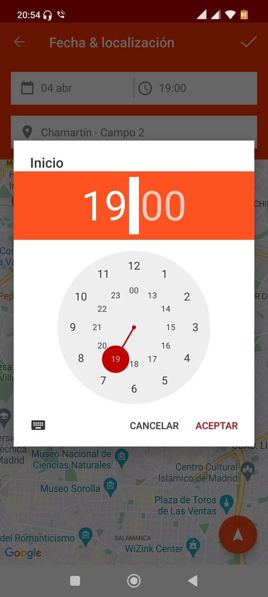 Editar horario del partido con una app o aplicación móvil