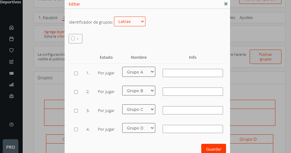 Editar la información de grupos en una tabla de clasificaciones o posiciones