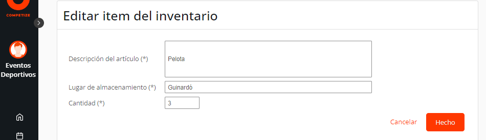 Editar el inventario, material deportivo y de entrenamiento