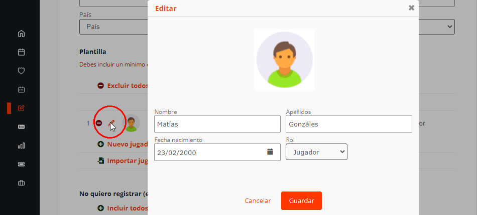 Editar jugadores en inscripciones online de un torneo
