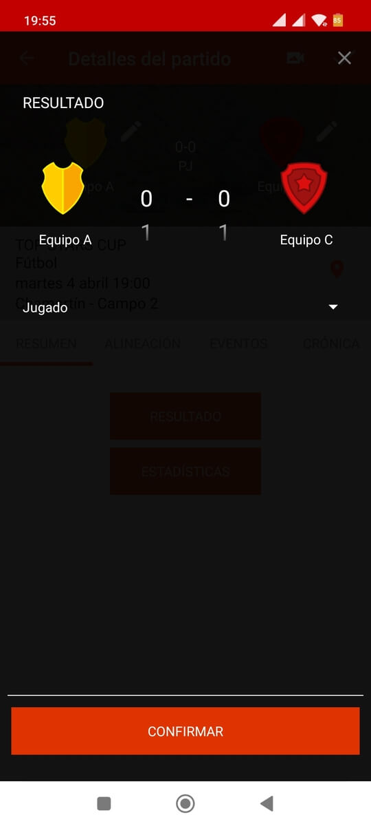 Editar marcadores de partidos del torneo o liga con una app