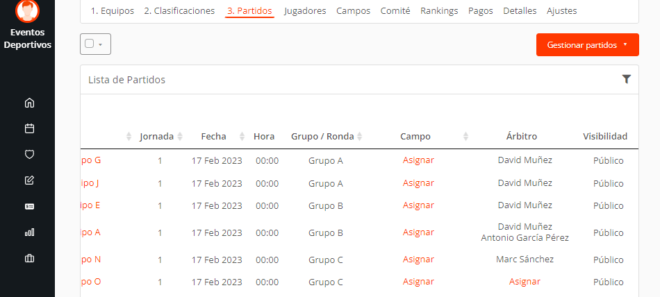 Editar múltiples partidos y sus estados, campos y árbitros