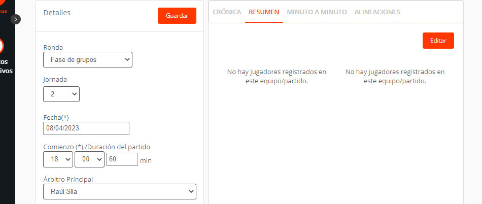 Editar partido - árbitros, campo y acta