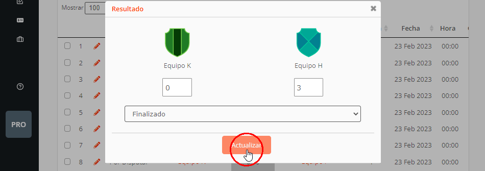 Editar partidos para actualizar marcadores y resultados de fixtures