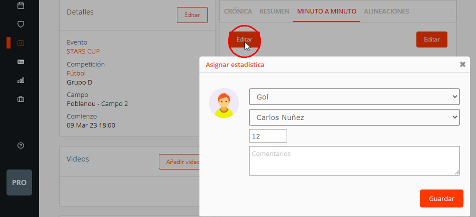 Editar partidos con estadísticas personales de jugadores en vivo