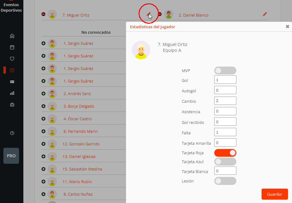 Editar partidos y fixtures con estadísticas personales de jugadores