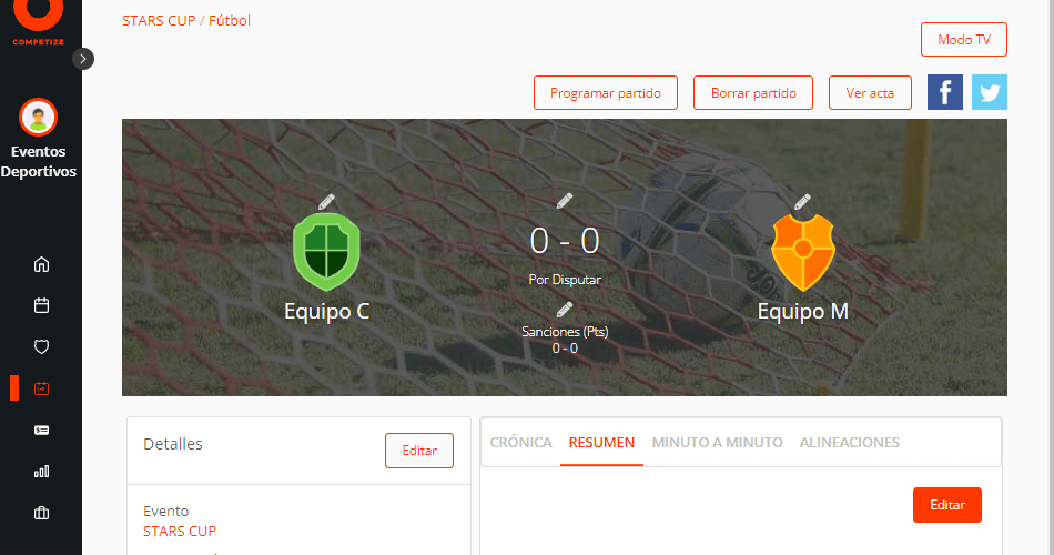 Editar detalles de partidos, fixtures del torneo o liga