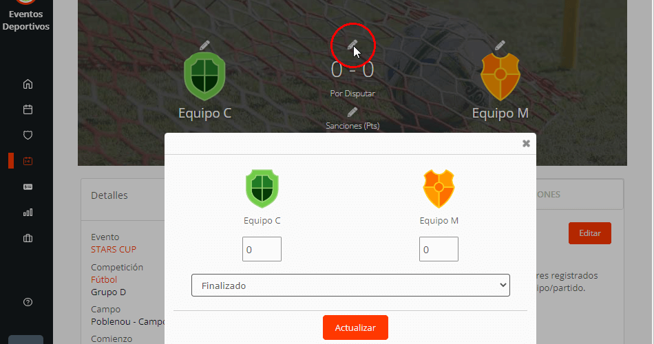 Editar partidos: resultados, sanciones, penaltis y sets