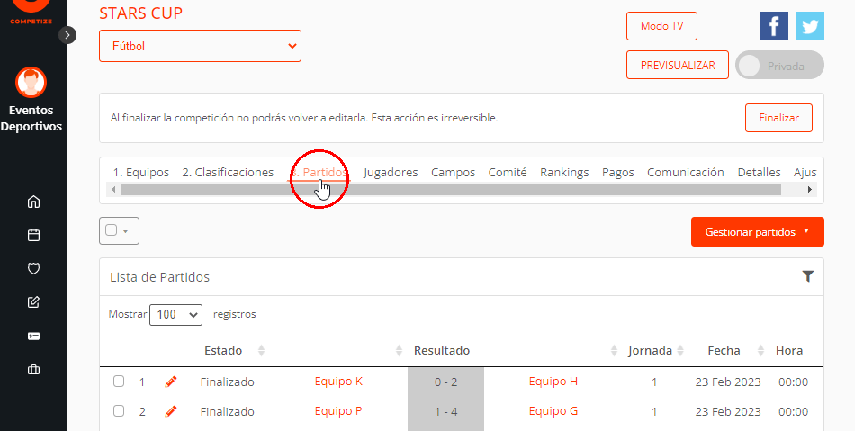 Editar partidos del torneo, liga o campeonato