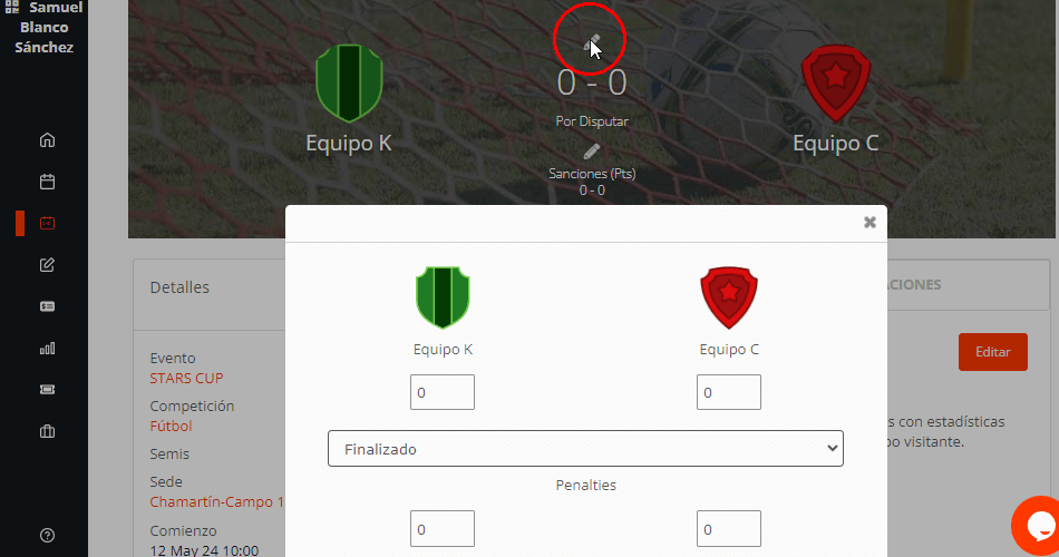 Editar resultados de partidos y marcador final