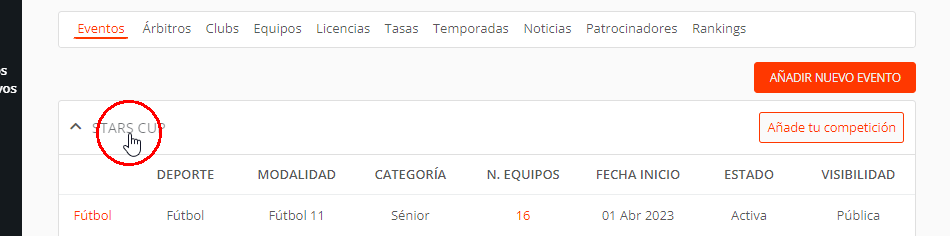 Editar torneos y ligas al crear eventos deportivos
