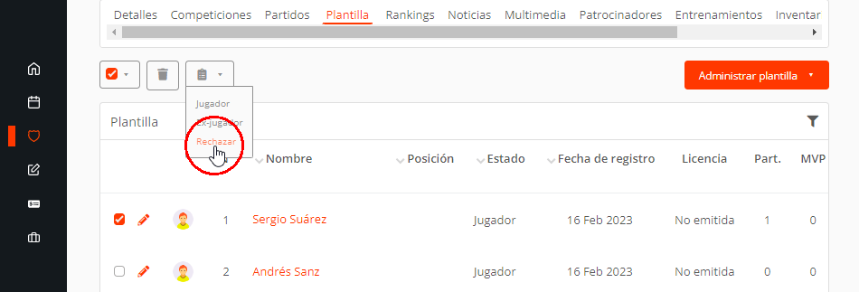 Eliminar y editar el estado de jugadores en la plantilla del equipo
