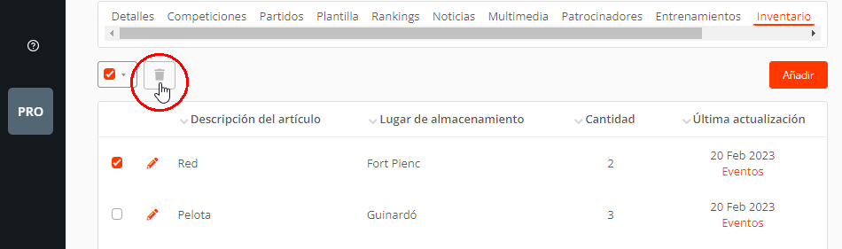 Eliminar el inventario, material deportivo y de entrenamiento del equipo