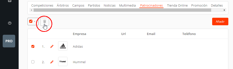 Eliminar patrocinadores y sponsors en eventos, equipos