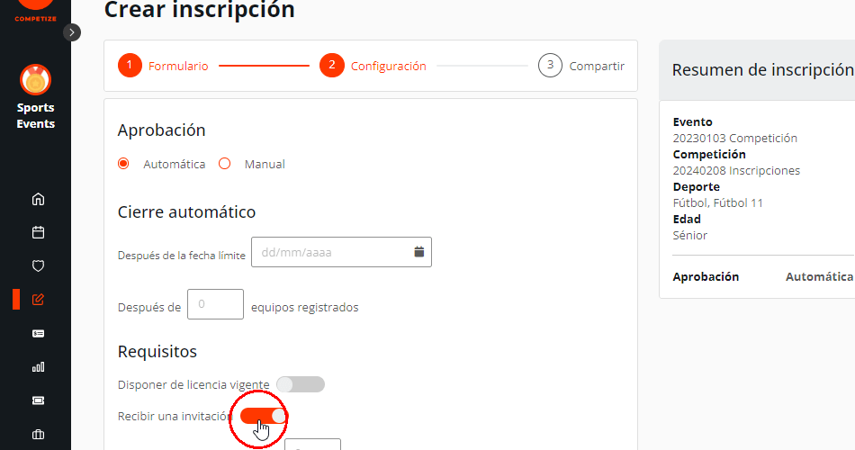 Enviar y recibir una invitación para inscribirse en una competición