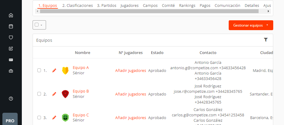 Equipos importados desde plantilla Excel para torneos