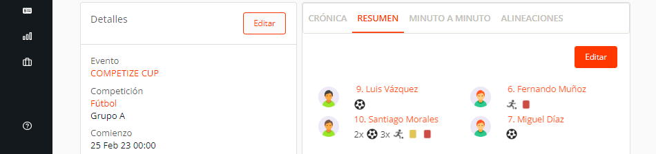 Estadísticas de jugadores y resultados de partidos del torneo o liga