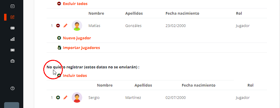 Excluir jugadores del formulario de inscripción de un torneo