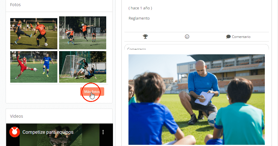 Fotos y videos en el perfil de torneos, ligas y campeonatos