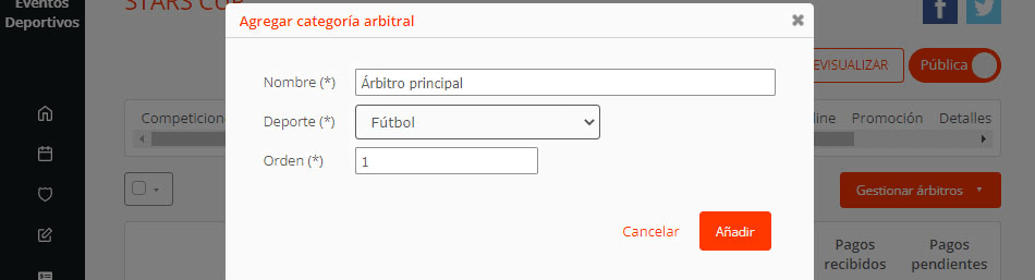 Gestionar categorías arbitrales en competiciones deportivas