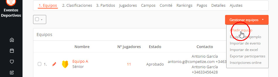 Gestionar equipos en un torneo, liga o campeonato