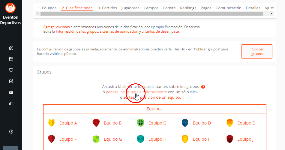 Hacer sorteo de grupos de un torneo, liga, campeonato