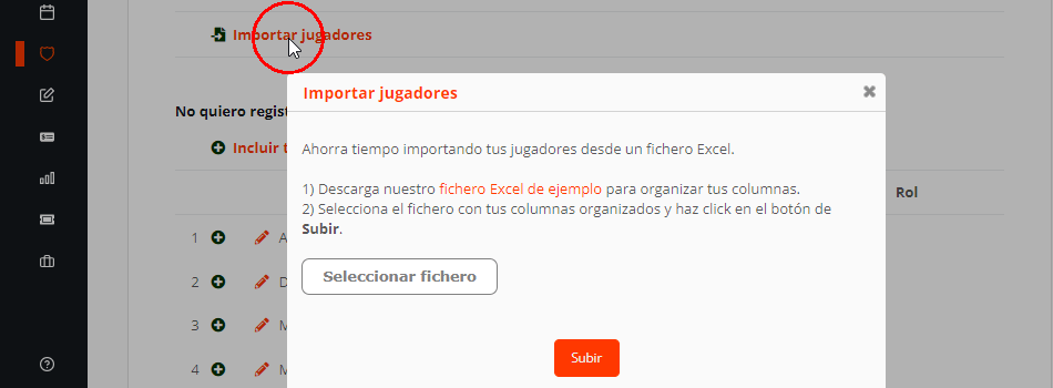 Importar jugadores en la inscripción de un equipo en una competición