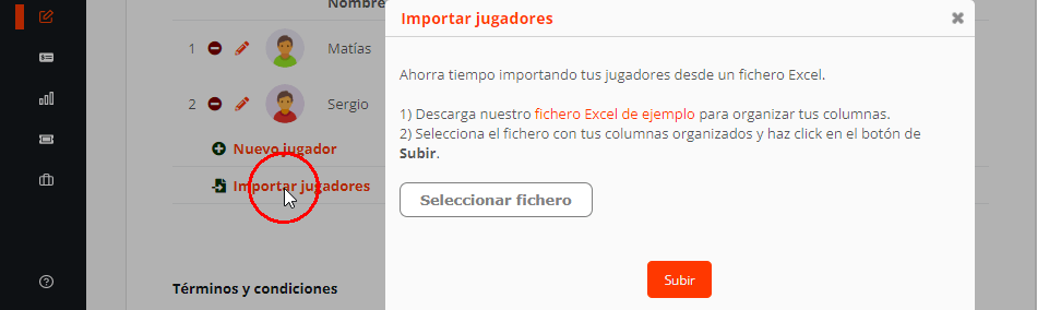 Importar jugadores en inscripciones online de un torneo