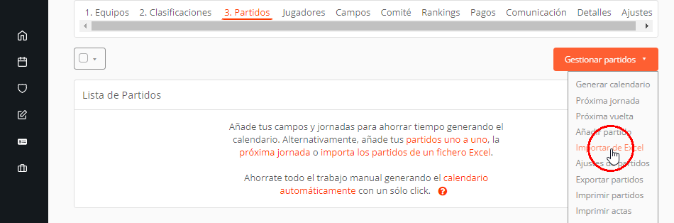 Importar partidos a competiciones del torneo con plantilla Excel