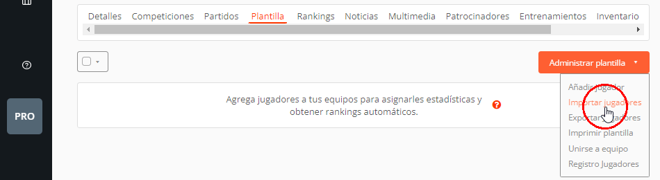 Importar plantilla Excel para jugadores del torneo o liga