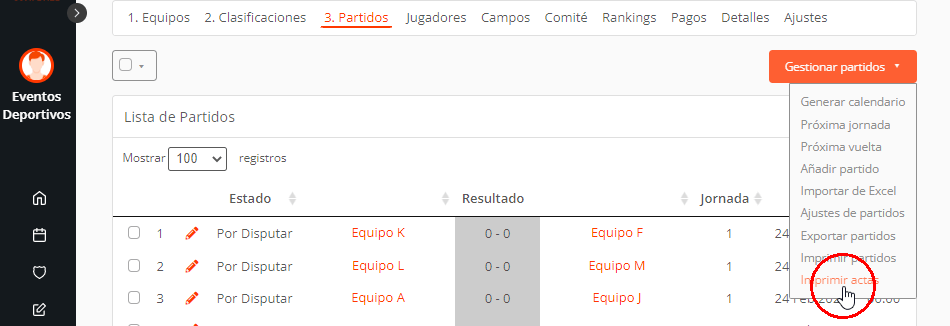 Imprimir actas arbitrales digitales de partidos