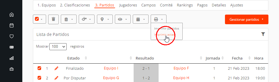 Imprimir actas arbitrales de múltiples partidos