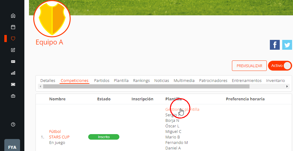Inscribir jugadores del equipo en la plantilla de la competición
