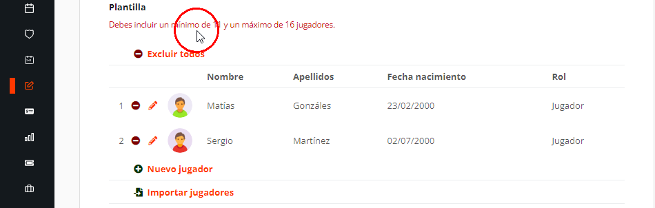 Inscribir jugadores online en un torneo o liga