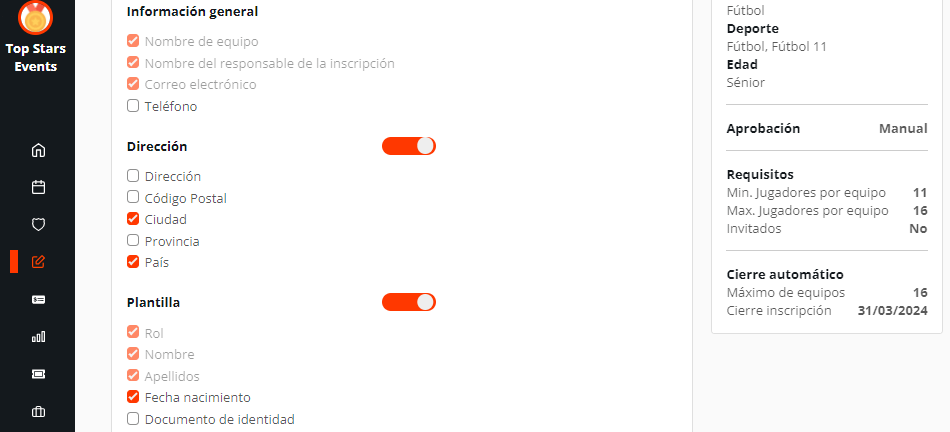Inscripción de jugadores del equipo en un torneo o liga