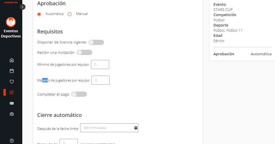 Inscripciones online de equipos y jugadores en torneos
