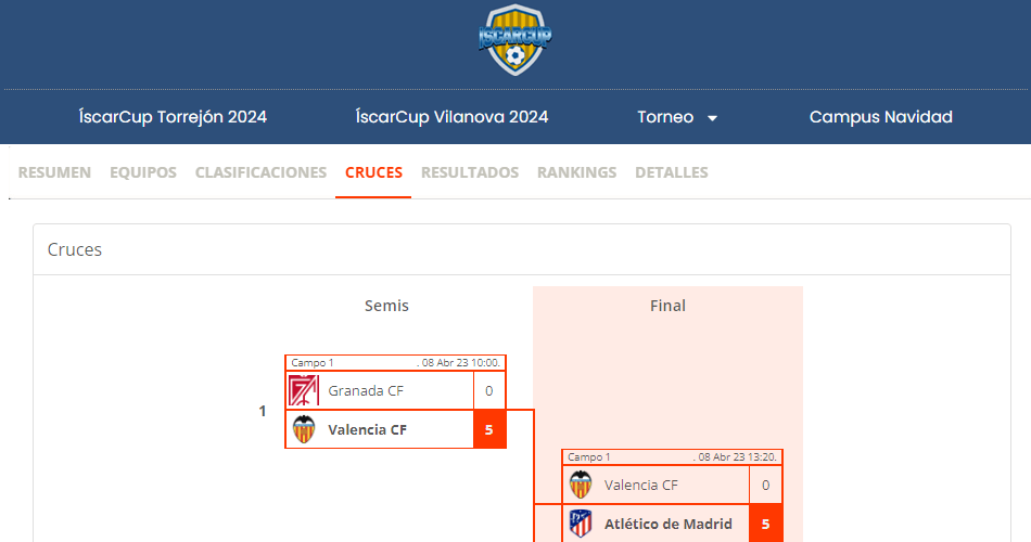 Integración de partidos y resultados en la página web del torneo
