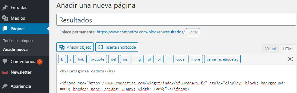Integrar COMPETIZE con brackets y clasificaciones en una página web