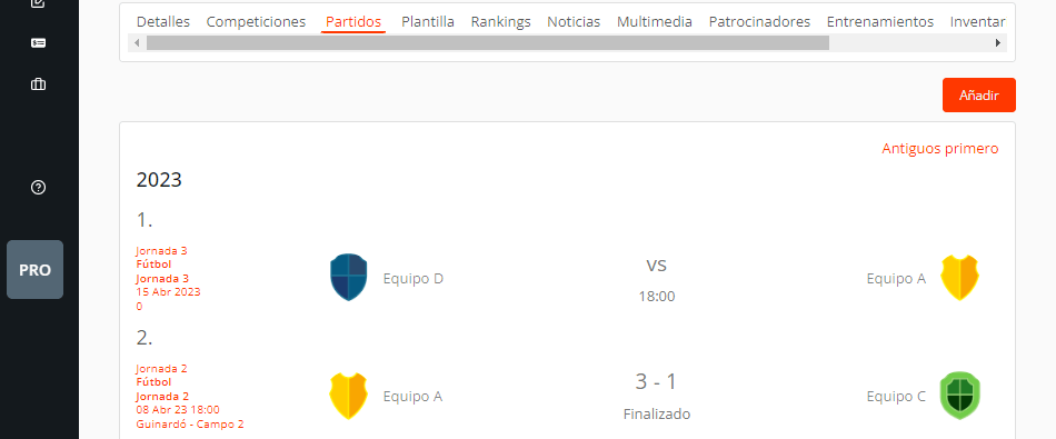 Jornadas y partidos de un equipo en un torneo o liga