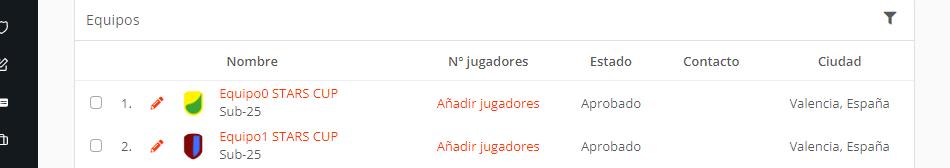 Lista de equipos genéricos en un torneo o liga